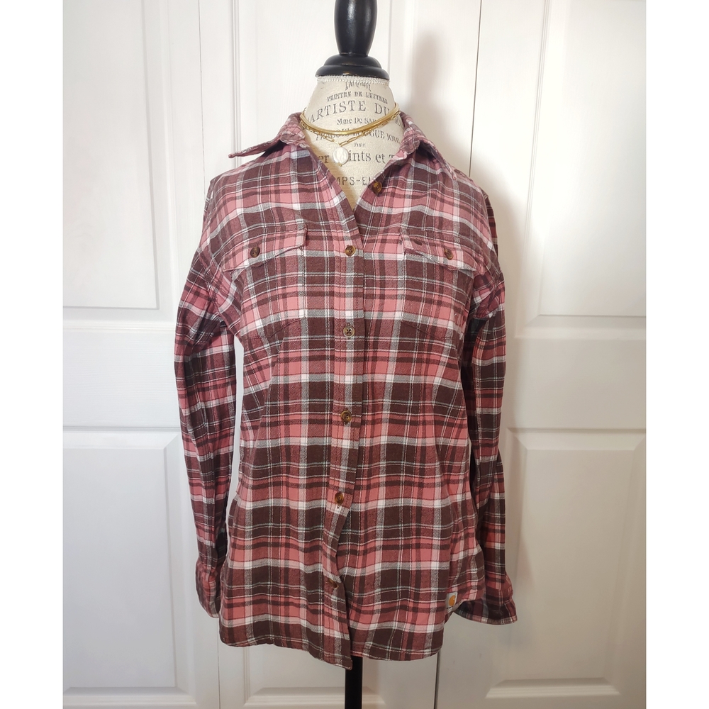 NEW Pink & Brown Carhartt Women's Relaxed Fit Long-Sleeve Flannel Shirt| Medium